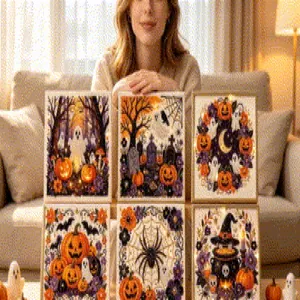 Detailed view of six DIY Halloween pearl art kits displayed in a cozy home setting