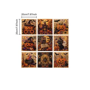 Neun DIY Halloween 3D Perlenkunst Kits mit Kürbissen und Eulen, 20x20cm Größe.