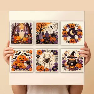 Detailed view of six DIY Halloween pearl art designs featuring ghosts and pumpkins