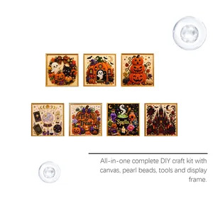 Close-up of Halloween DIY diamond art kit featuring seven festive designs with frames.