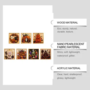 Halloween 3D diamond art materials guide featuring wood, pearlescent fabric, and acrylic.