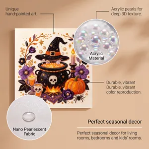 Close-up of 3D acrylic pearls and nano pearlescent fabric on Halloween pearl art canvas.