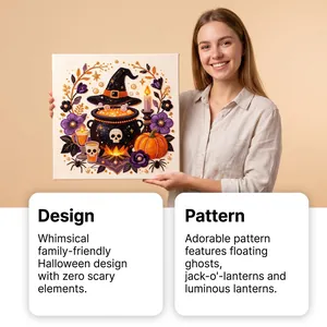 Detail view of a whimsical Halloween pearl art kit featuring a witch hat and a pumpkin