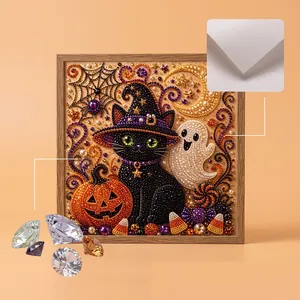 Detailansicht DIY Halloween Perlenkunst Malerei mit Katze, Kürbis und Texturleinwand