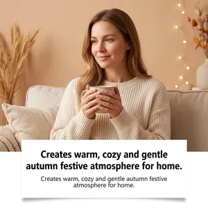 Cozy home setting with a woman holding a mug, creating a warm autumn festive atmosphere.