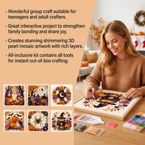 Close-up of DIY Halloween pearl mosaic kit featuring ghost and pumpkin craft patterns