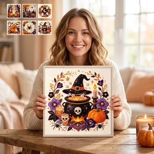 DIY 3D Artificial Pearl Art Kit Wood Frame Halloween Ghost Pumpkin Theme Nano Pearlescent Fabric Mosaic Painting Ornament