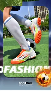 Dynamic close-up view of colorful TF soccer shoes on green grass with a football