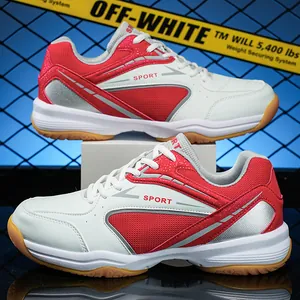 Stylish red and white badminton sports shoes for men and youth shown in high detail view