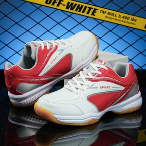 Detailed close-up view of white and red professional badminton sports shoes for men