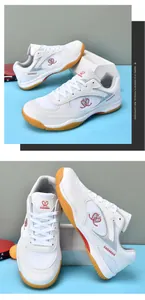 Detailed view of white professional table tennis shoes with non-slip gum rubber soles.