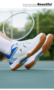 Chaussures de badminton professionnelles blanches et bleues pour hommes, semelle gomme.