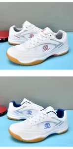 Detail of professional table tennis shoes with breathable mesh and non-slip rubber soles.