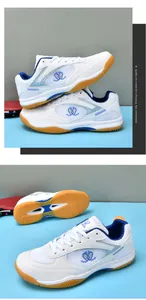 Close-up of white and blue table tennis shoes with non-slip gum rubber sole.