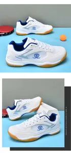 Professional white table tennis shoes with blue accents and non-slip gum rubber sole