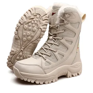 High-top tactical combat boots with thick plush lining and anti-slip rubber sole in sand color