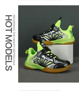 Side view of professional neon green and black breathable badminton shoes for children