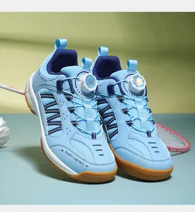 Professional blue children's badminton shoes with rotary dial laces and non-slip gum sole