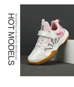 Pink and white professional kids' badminton shoe with breathable mesh and gum sole