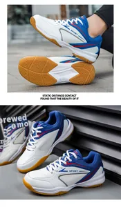 Detailed views of professional white and blue badminton shoes with non-slip gum soles