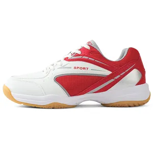 Side view detail of white and red professional badminton training shoes for men and boys