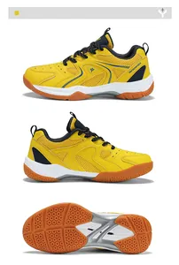 Vue détaillée de chaussures de badminton jaunes respirantes avec semelle antidérapante