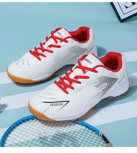 Close-up of professional breathable white badminton shoes with non-slip gum sole