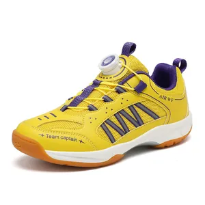 Yellow kids' sports shoes with rotary dial for badminton, breathable and non-slip design
