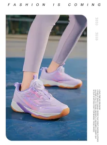 Detailed view of breathable purple children's badminton shoes with rotary lacing system