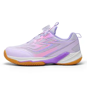 Professional junior breathable badminton shoes in purple and pink with rotary buckle system
