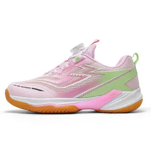 Breathable pink junior badminton shoes with anti-slip sole and rotary buckle