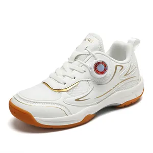 Professional breathable mesh kids' badminton shoes with rotary buckle in white and gold
