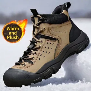 Men's Outdoor Hiking Shoes Genuine Leather Mid-Top Work Boots Warm Fleece Lined Non-Slip Anti-Collision Trekking Sneakers