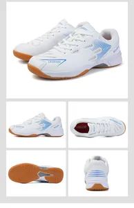 Multi-angle view of white professional badminton shoes with breathable mesh and gum sole.