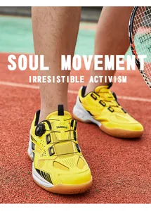 Professional yellow badminton training shoes with breathable mesh and quick-lace dial system.