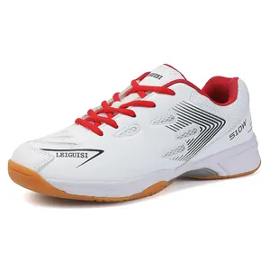 Breathable mesh badminton shoes with non-slip gum sole and red laces
