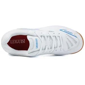 Professional breathable white mesh badminton shoes with non-slip gum rubber sole and blue accents