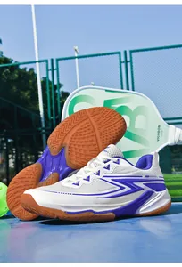 Detailed view of breathable white and purple pickleball shoes with gum rubber sole