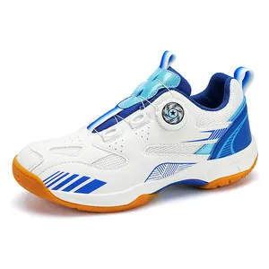 Chaussures de badminton professionnelles respirantes blanc et bleu avec boucle rotative