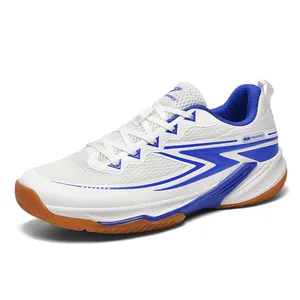 Breathable pickleball and badminton shoes with non-slip gum rubber sole in white and blue.