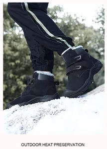 Durable children's warm high-top snow boots with fleece lining and Velcro straps in snow scene.
