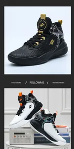 Detail view showing high-top breathable basketball shoes in professional black and white styles