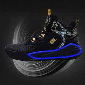 Professional black high-top basketball shoes with blue glow midsole and cushioning