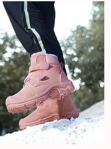 Pink high-top children's winter snow boots with fleece lining and hook-and-loop straps