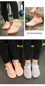 Detail view of breathable mesh water shoes for kids in orange and grey colors