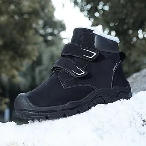 Children's warm black winter snow boots with thick fleece lining and Velcro straps