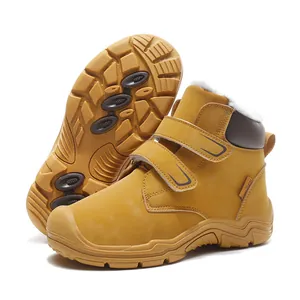 Yellow high-top children's winter snow boots with warm faux fur lining and velcro