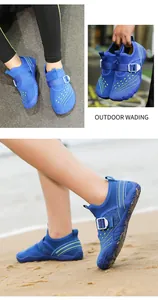 Detailed view of breathable blue wading shoes for kids on a sandy beach setting