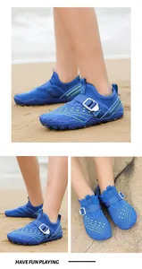 Detailed views of breathable blue children's water shoes for beach and outdoor fun