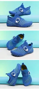 Detailed views of blue children's mesh wading shoes featuring adjustable white buckles